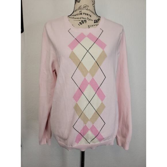 Izod Pink Old School 100% Cotton Argyle Sweater Large Vintage Women’s Clueless - Picture 2 of 8